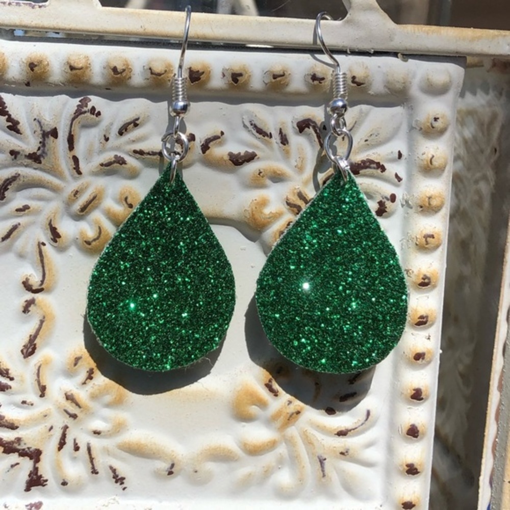 Green Sparkling Faux Leather Earrings